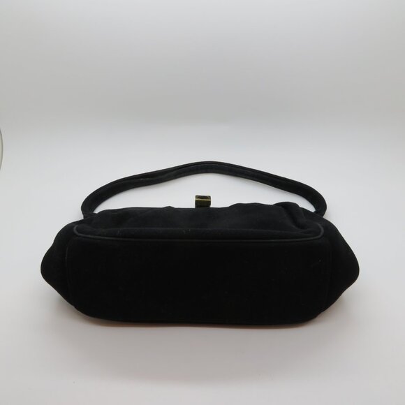 Vintage Handheld Black Suede Velvet Purse Bag Evening Top Handle Gold Clasp - Picture 7 of 12